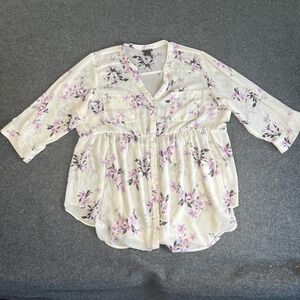 Torrid Floral Chiffon Babydoll Blouse Purple White Button Up 3/4 Sleeve Size 1